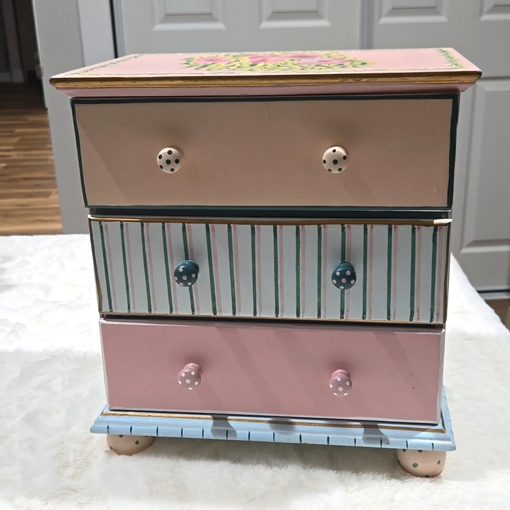 Hand painted jewelry chest blue, pink, yea, gold, peach